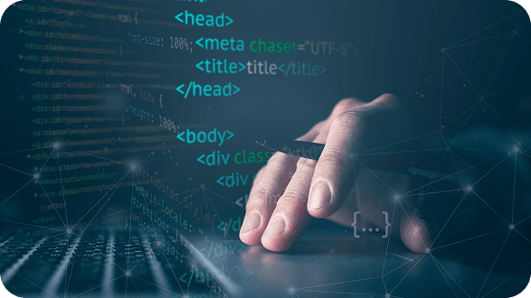 Hand typing code on digital interface representing custom software development services