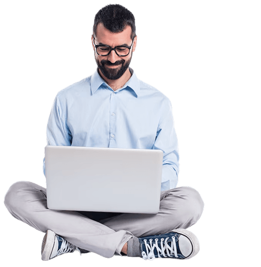 Man using laptop with list of custom software development services