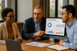 Executives analyzing Conversational AI Costs and token pricing in a business meeting