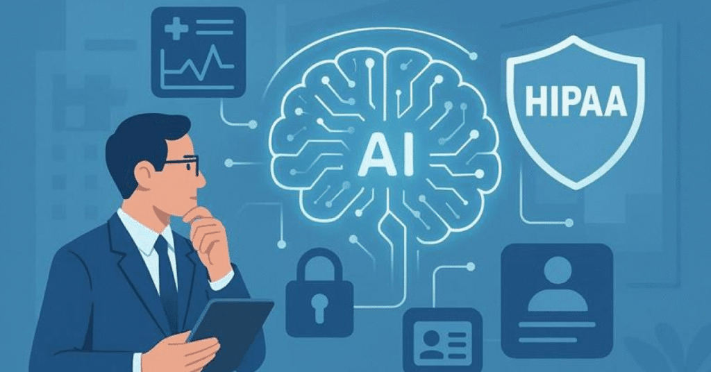 Healthcare leader reviewing secure AI system with HIPAA compliance shield