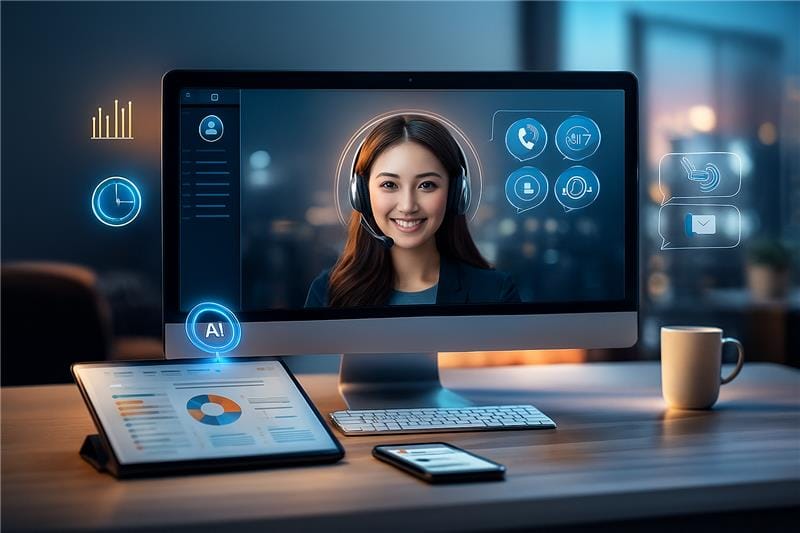 AI receptionist interface with human-like assistant on screen