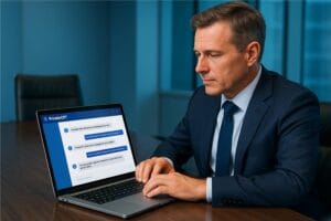 C-suite executive using PrivateGPT on a laptop in a modern office
