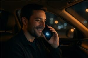 Man in a car talking to conversational AI agents on his phone