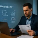 Loan officer reviewing documents with RAG pipeline AI dashboard speeding loan processing.