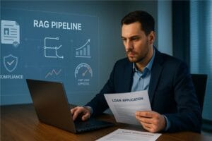 Loan officer reviewing documents with RAG pipeline AI dashboard speeding loan processing.