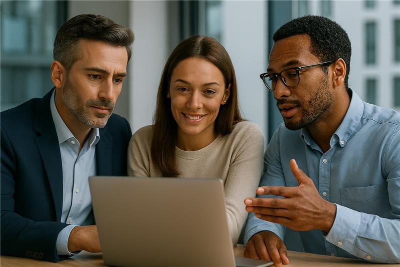 Team discussing software development service FAQ together around a laptop