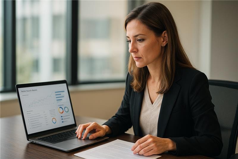 Business professional reviewing vector database AI results on laptop