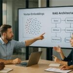 Engineering team discussing vector database and RAG architecture