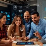 Insurance compliance team collaborating with AI and RAG-powered document analysis