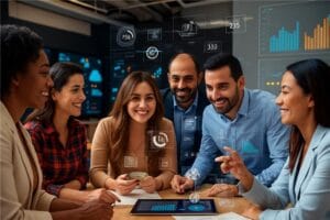 Insurance compliance team collaborating with AI and RAG-powered document analysis