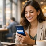 Happy bank customer using conversational AI solution for banking on smartphone