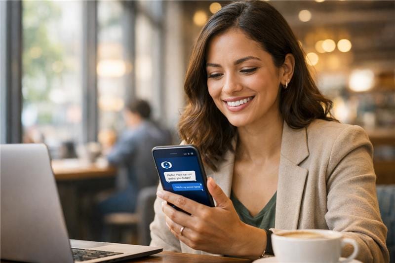 Happy bank customer using conversational AI solution for banking on smartphone