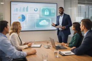 Diverse enterprise team reviewing secure AI insights in a meeting room with protected data visuals on screen