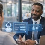 Bank employee using secure conversational AI technology to assist customer with personalized financial services