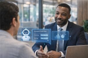 Bank employee using secure conversational AI technology to assist customer with personalized financial services