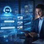 AI real estate agent assisting property buyers with listings and market data in a modern office