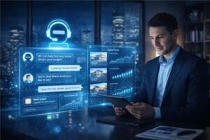 AI real estate agent assisting property buyers with listings and market data in a modern office