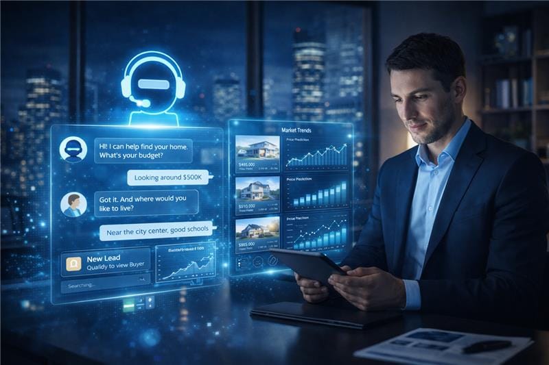 AI real estate agent assisting property buyers with listings and market data in a modern office