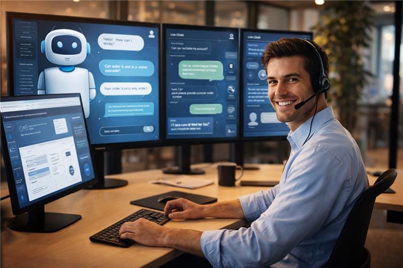Human agent working with conversational AI companies chatbot system