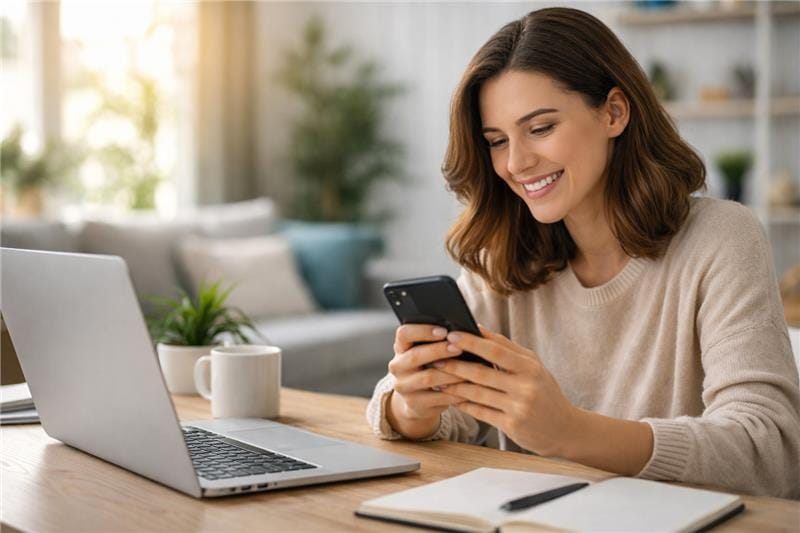 Customer chatting with conversational AI development company on laptop at home