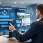 Conversational AI vs Generative AI comparison showing chatbot interaction and AI content generation