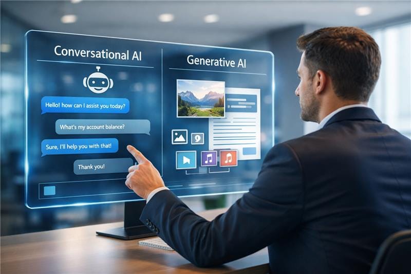 Conversational AI vs Generative AI comparison showing chatbot interaction and AI content generation