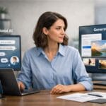 Business professional comparing conversational AI and generative AI in a modern office setting