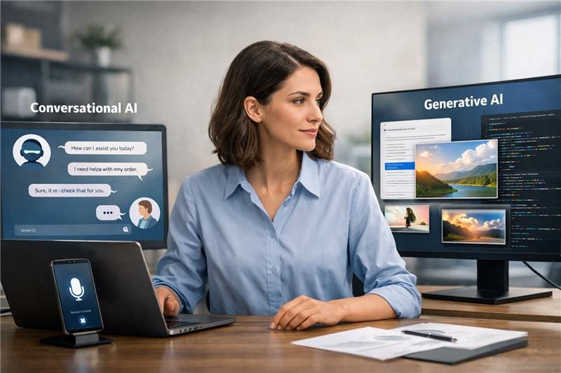 Business professional comparing conversational AI and generative AI in a modern office setting