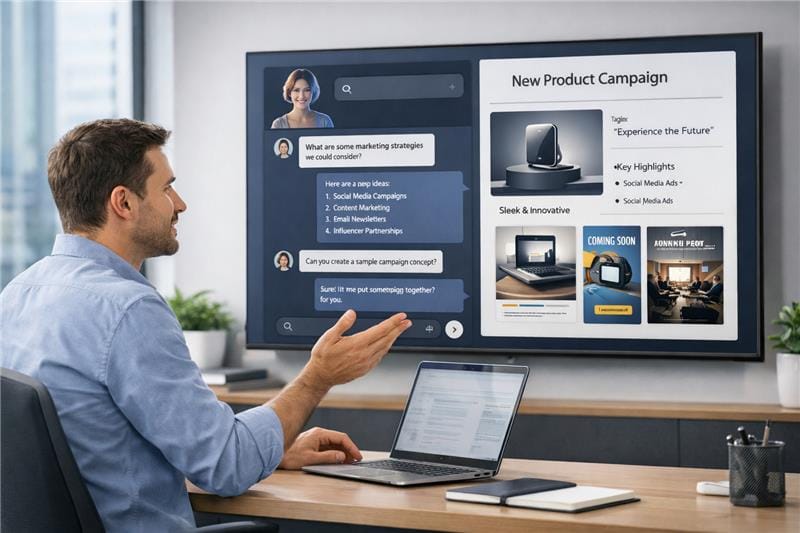 A professional comparing conversational AI vs generative AI on a laptop screen in a modern office setting