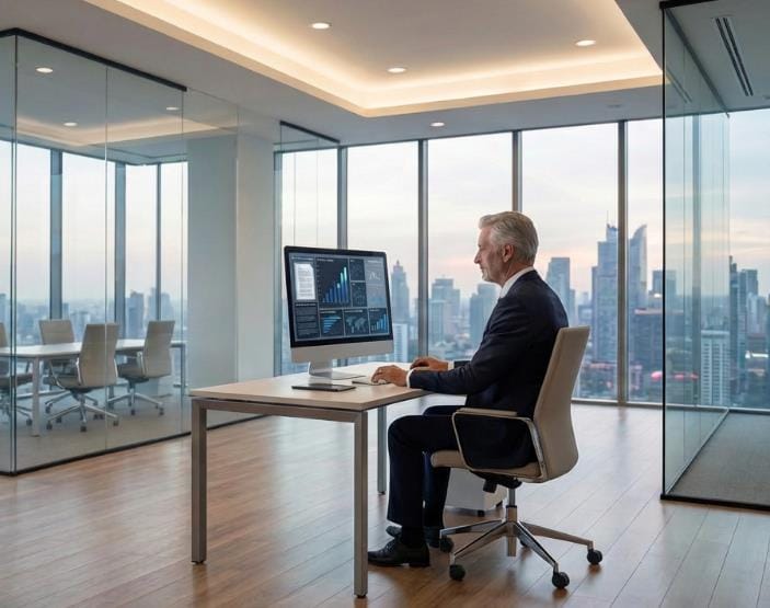 Business owner accessing Retrieval-Augmented Generation system on laptop