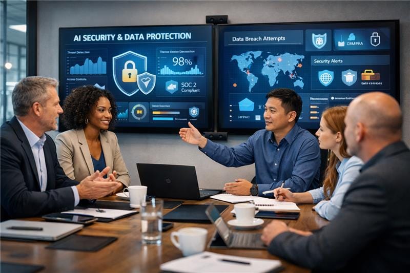 Team discussing secure enterprise conversational AI platform in office