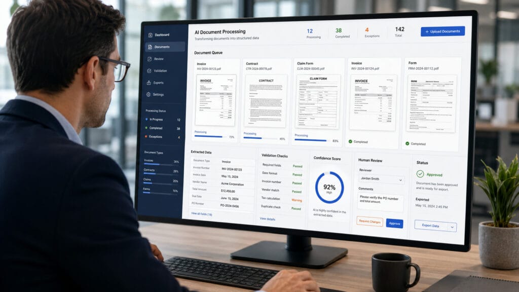 AI PDF Document Processing dashboard extracting data from invoices, contracts, and business PDFs