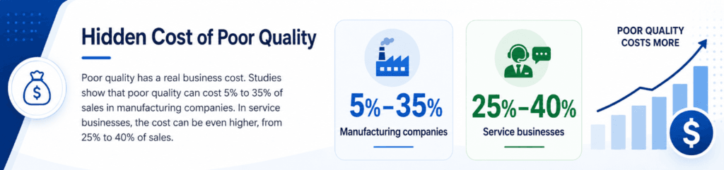 Infographic banner showing the hidden cost of poor quality in manufacturing and service businesses