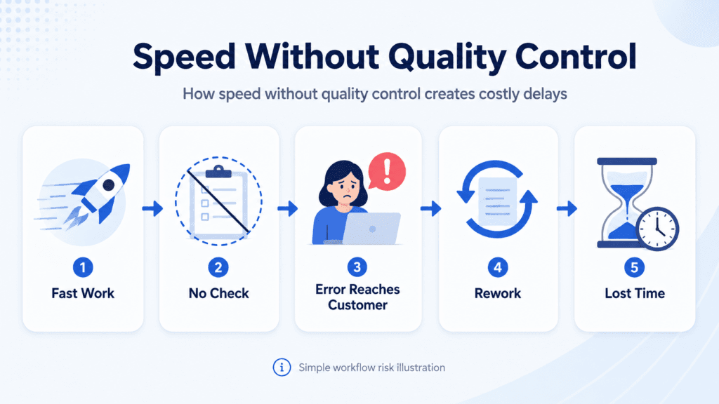 Infographic showing how fast work without quality control leads to errors, rework, and lost time
